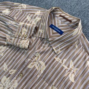 Tommy Bahama Space Dye Cowboy Shirt Mens XL Brown Blue Floral Striped Silk Blend